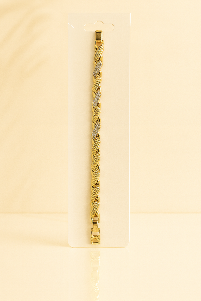 Altın Ton Örgü Figürlü  Parlak Taş Detaylı Kadın Bileklik