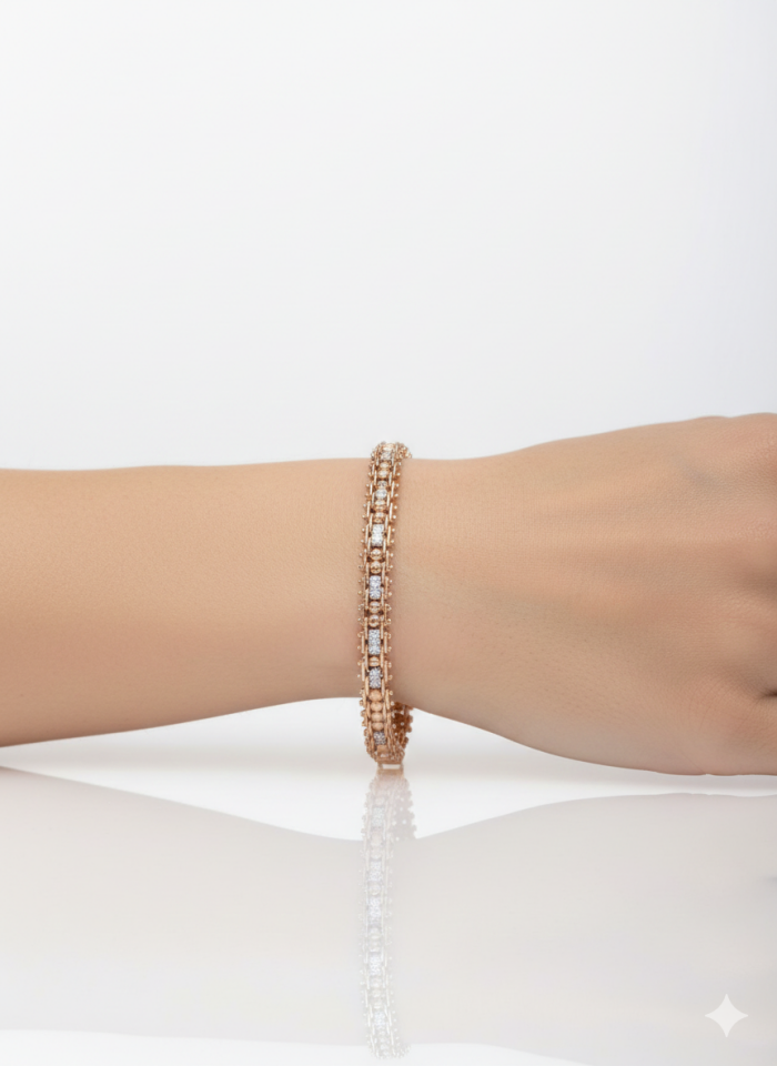 Bakır Renk Çift Sıra Top ve Taş Detaylı Zarif Bileklik