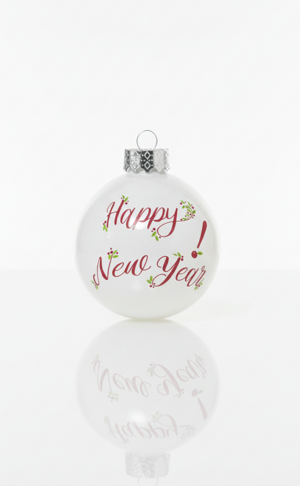 “Happy New Year” Yazılı Bardak Beyaz Küre Figür Yılbaşı Süsü