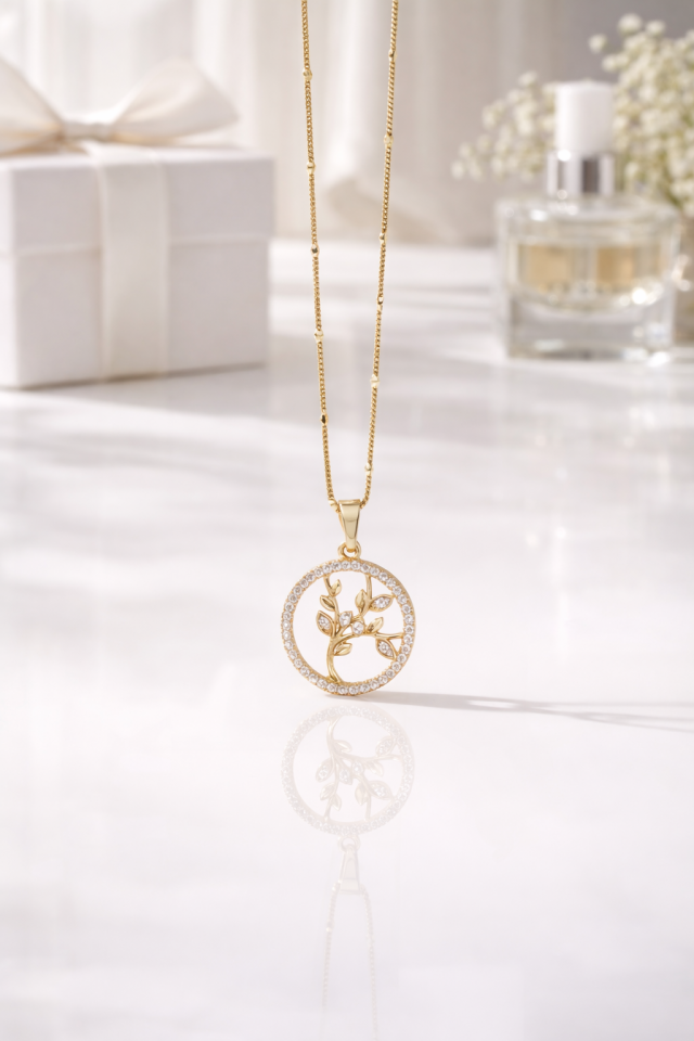 Altın Renk Hayat Ağacı Taşlı Kolye