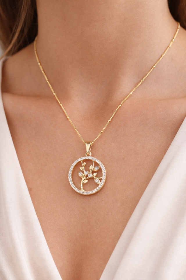 Altın Renk Hayat Ağacı Taşlı Kolye