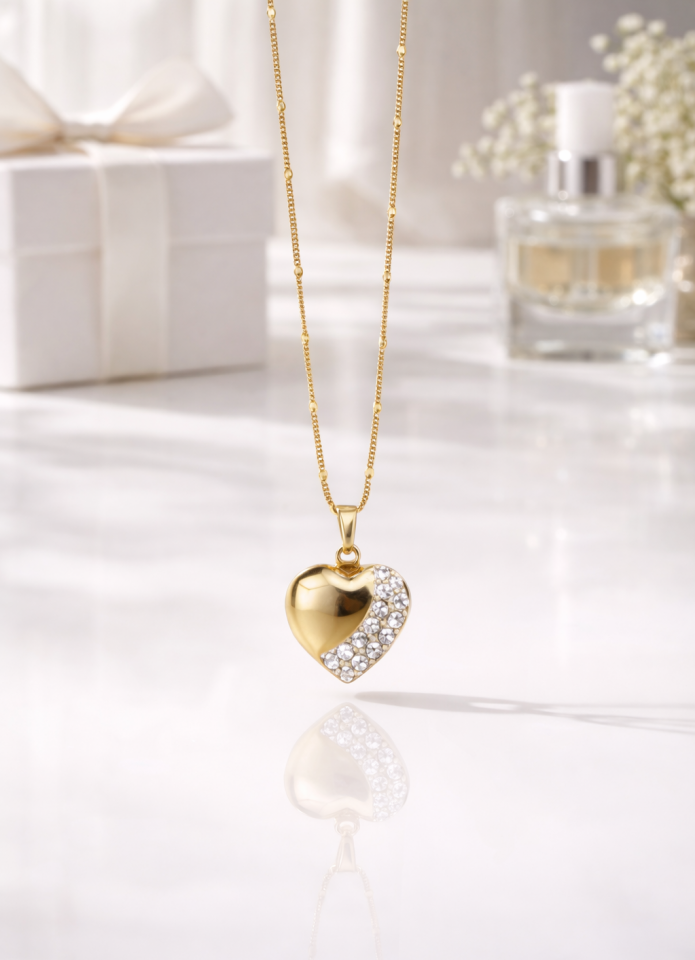 Altın Renk Taş Detaylı Kalp Kolye