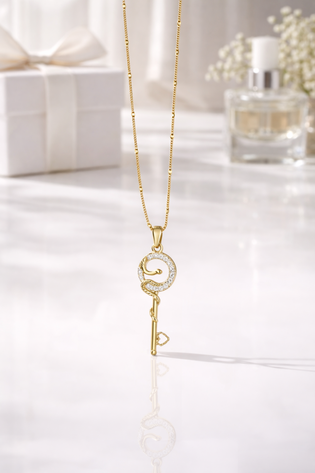 Altın Renk Taş Detaylı Anahtar Kolye