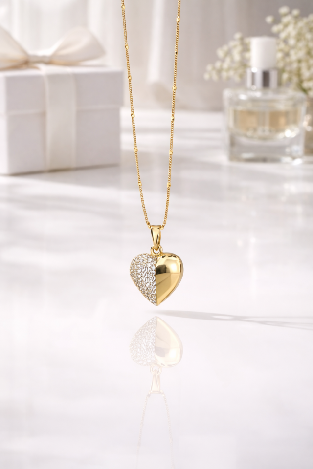 Altın Renk Yarım Taşlı Kalp Kolye