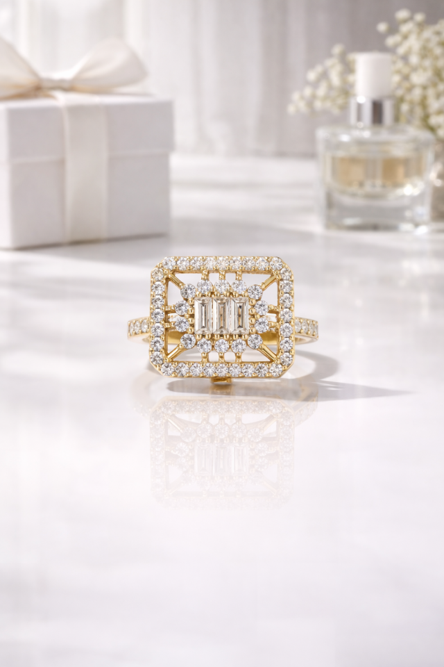 Altın Renk Kare Form Baget Taşlı Yüzük