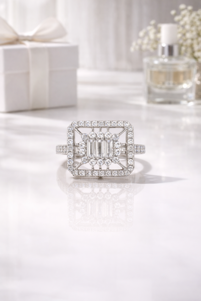 Gümüş Renk Kare Form Baget Taşlı Yüzük