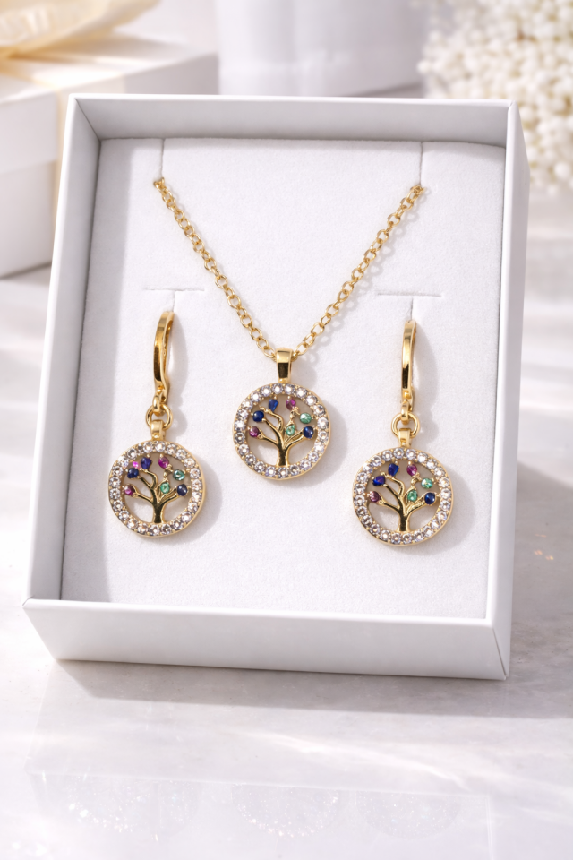 Altın Renk Hayat Ağacı Taşlı Kolye ve Küpe Takım