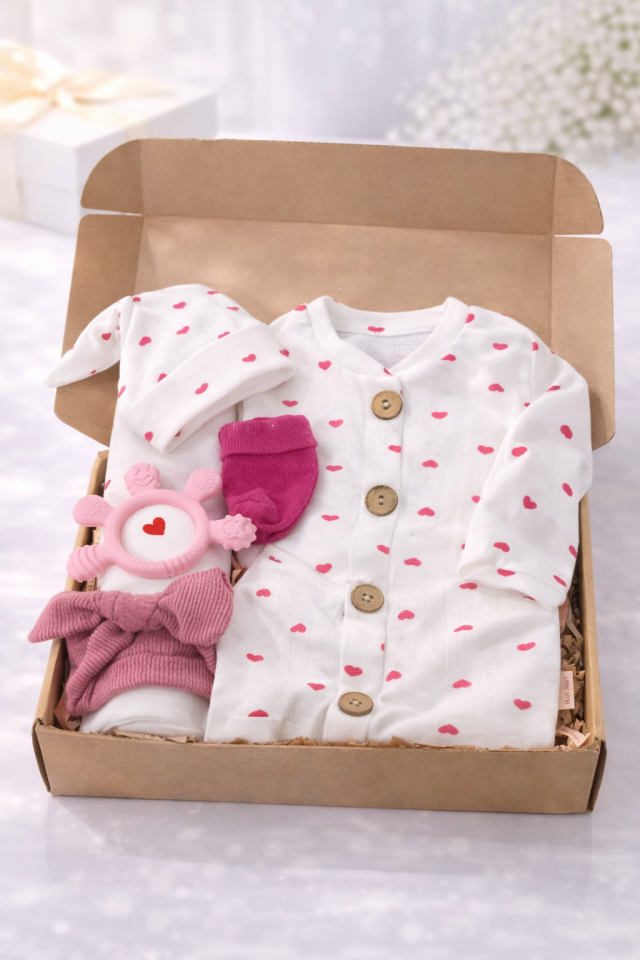 Melek Temalı Kalp Desenli  Bebek Seti Hediyelik Kutu