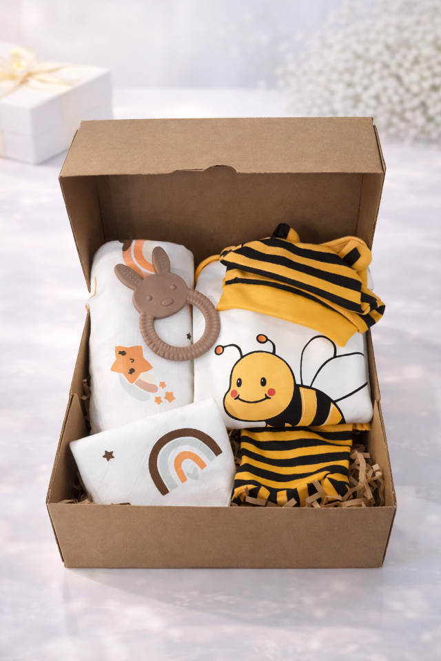 Melek Temalı Arı Desenli Bebek Seti Hediyelik Kutu