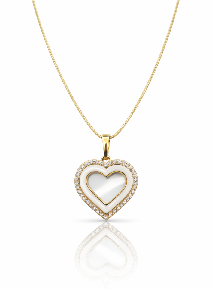 Altın Renk Taşlı Kalp Kolye – Beyaz Mine Detaylı