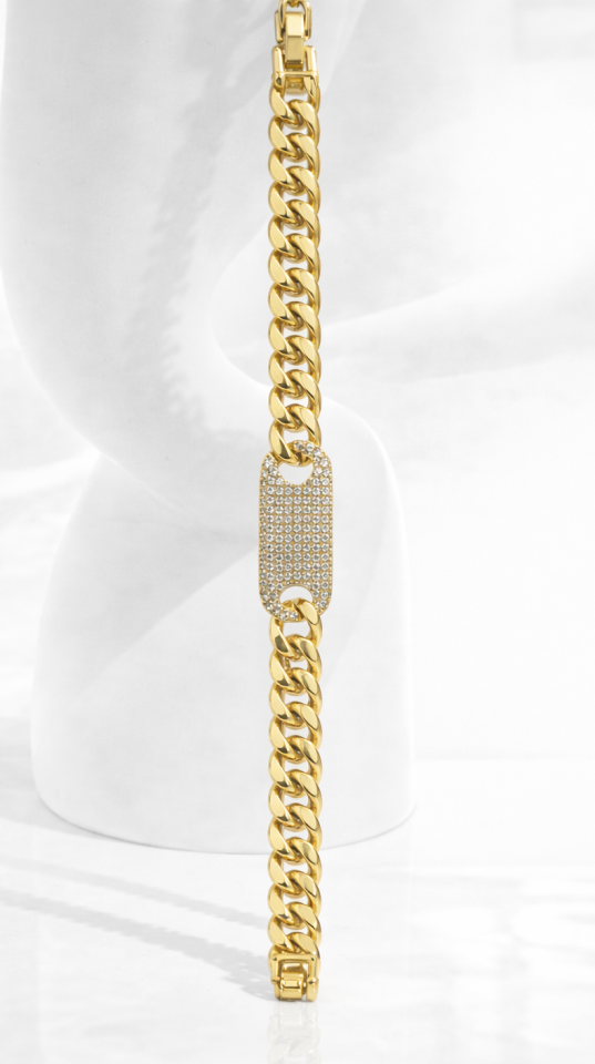 Taşlı Plaka Detaylı Kalın Zincir Altın Renk Bileklik