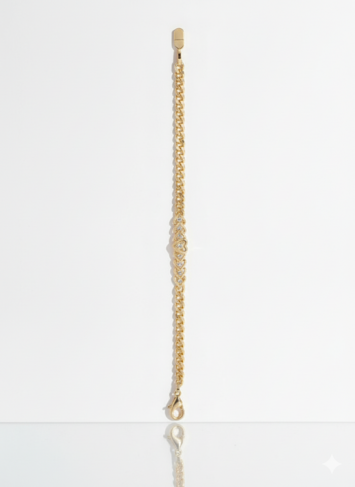 Kalp Motifli Taş Detaylı Altın Renk Zincir Bileklik